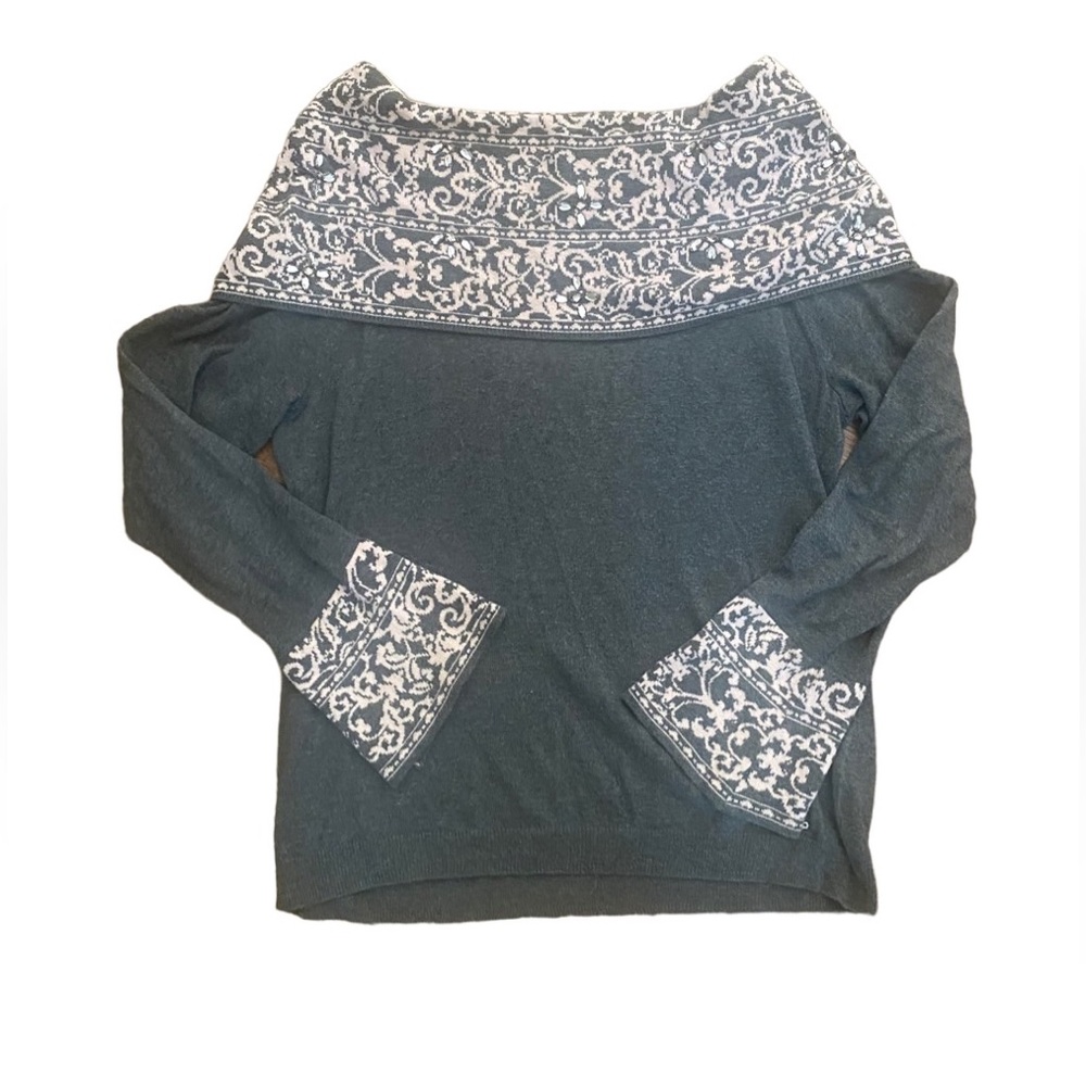 Anne Klein Off-the-Shoulder Dark Teal Sweater with White Pattern